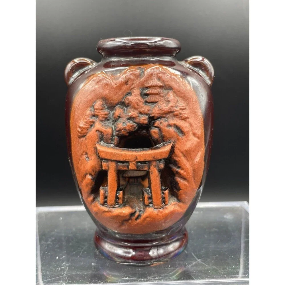 Vintage Japanese Banko Ware Carved Relief Vase Torii Gate Pine Tree